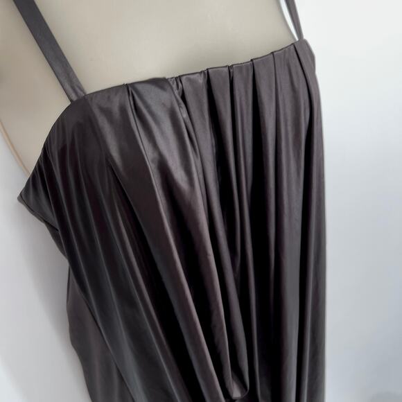 Poleci Women's Draped Matte Satin Mini Slip Dress Sz M Dark Brown Straps Slinky - Picture 2 of 10